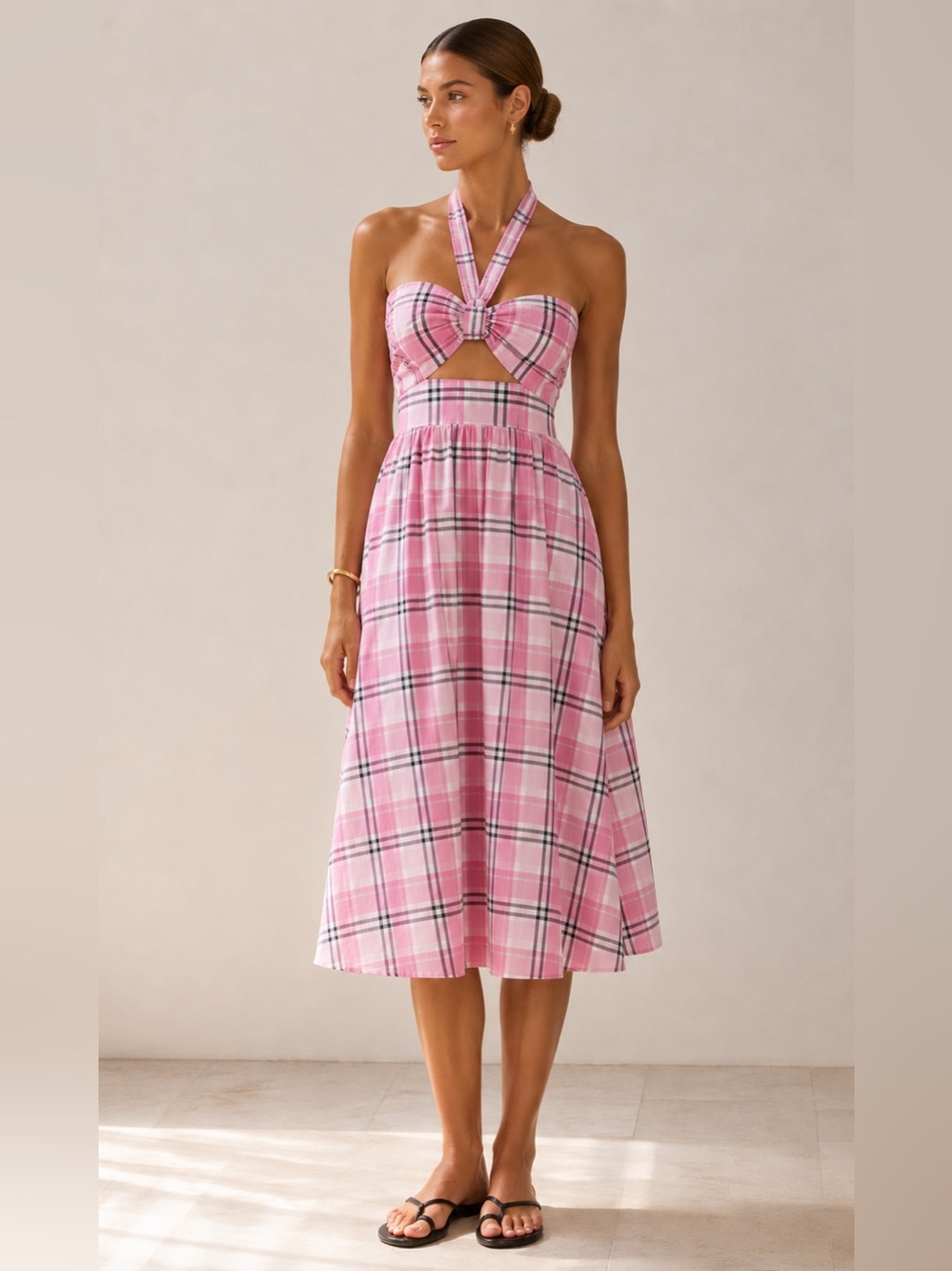 Majorelle ‘Florian’ midi dress in pink plaid w/ halter tie neck & bandeau top. S